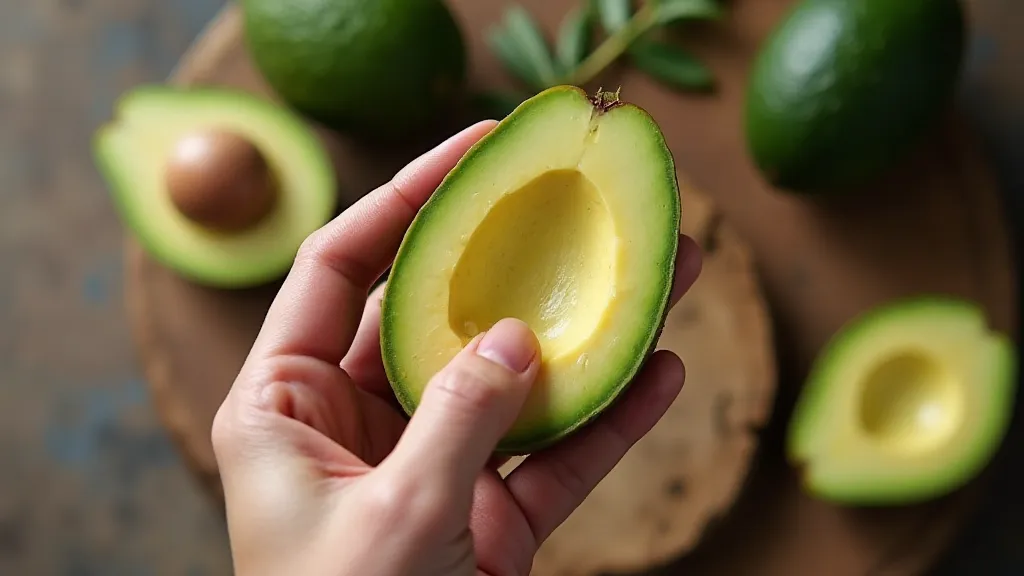 A hand holding an avocado next to soapmaking supplies