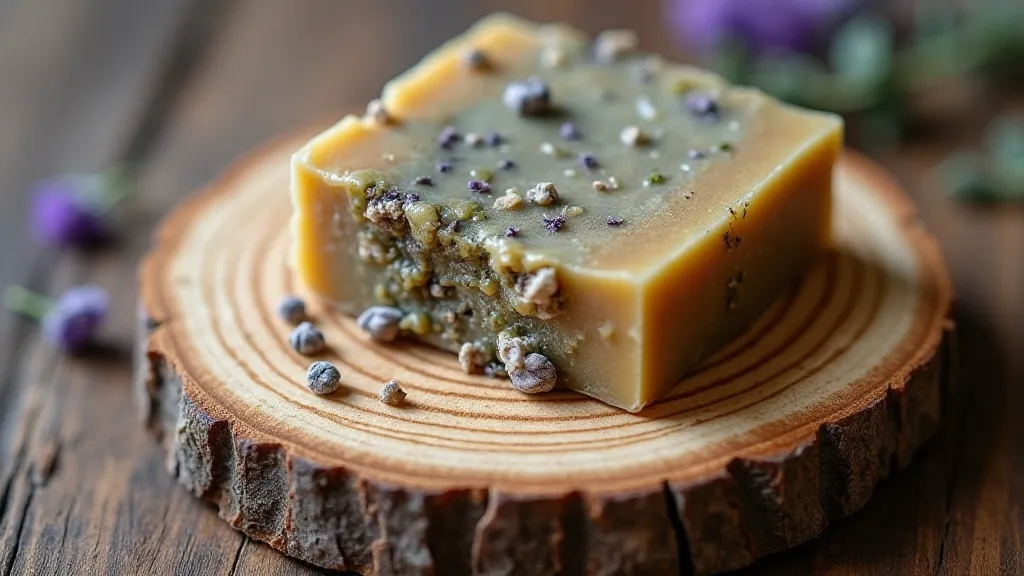 Rustic soap on wood slice with lavender