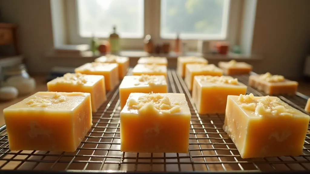 Soap bars curing on a rack