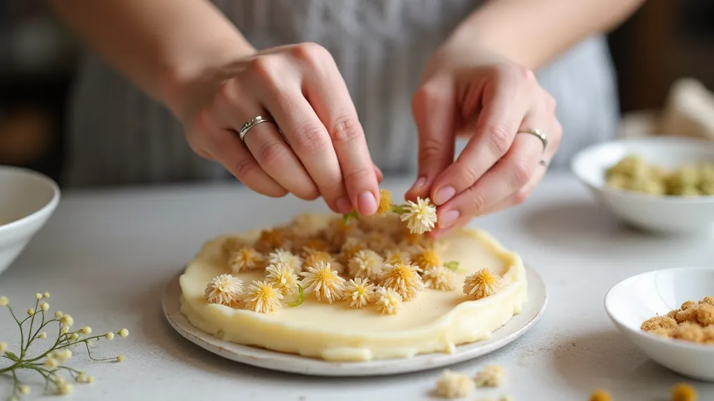 Hands adding flowers to soap batter